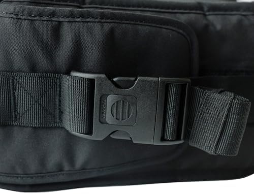 Side profile of the black Tushbaby carrier extender demonstrating how it links into the original hip seat.