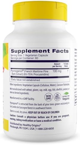 Healthy Origins Pycnogenol bottle back label showing supplement facts and ingredients