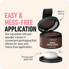 Model demonstrating hairline powder for thinning hair