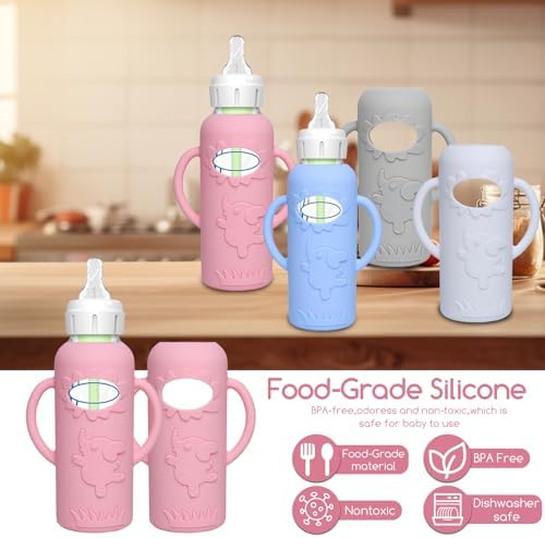 WAJIAYON 4 Pack Silicone Sleeves for Dr. Brown's Glass Baby Bottles -Drop Protection Easy-Grip Baby Bottle Sleeves Holder with Handles, Compatible with Dr. Brown's Newborn Glass Bottles 8 oz/250 mL - Image 6
