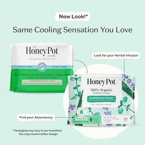 The Honey Pot 20 count herbal liners packaging showing organic cotton cover certification.
