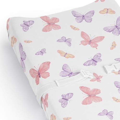 Sweet Jojo Designs pink and purple shabby chic changing pad cover styled on changing table