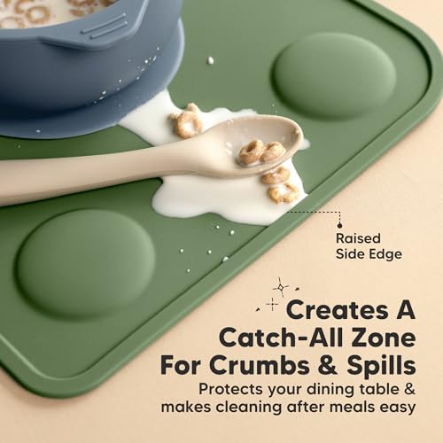 Demonstration of the raised edges on the kids table mat trapping spilled liquid