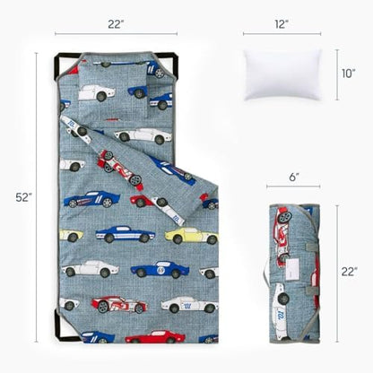 Wake In Cloud Toddler Bedding Set rolled up securely with its integrated carry handle and name tag pocket visible.