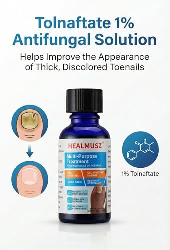 HEALMUSZ 1 percent Tolnaftate antifungal solution for discolored and thick toenails.