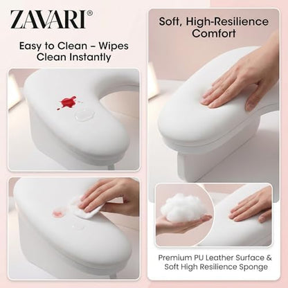 Close up view of easy-to-clean leather surface on nail tech arm rest