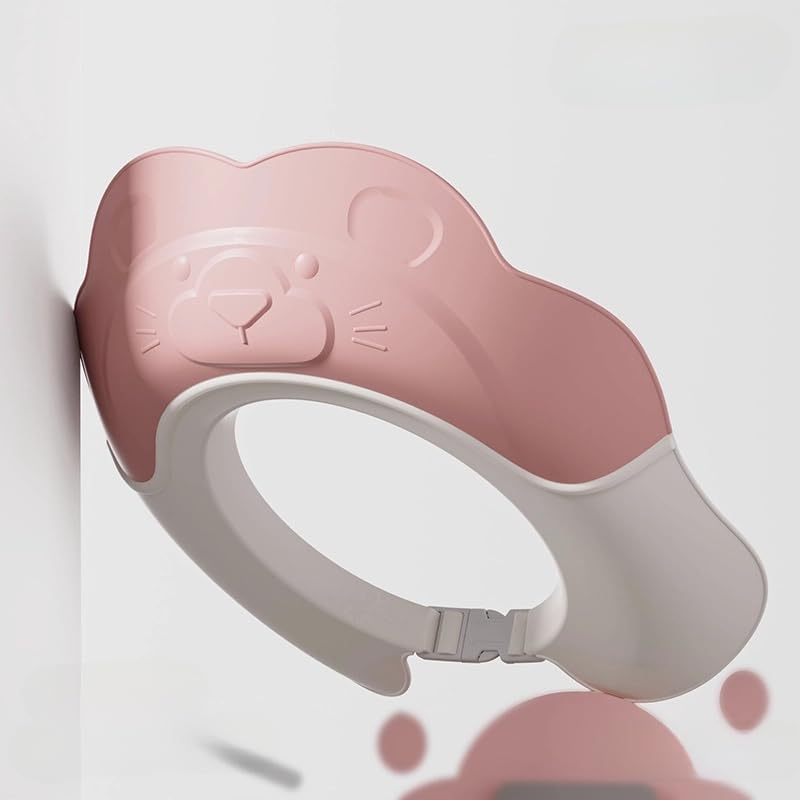 Generic baby shower cap front view showing the pink animal bear design shampoo shield.
