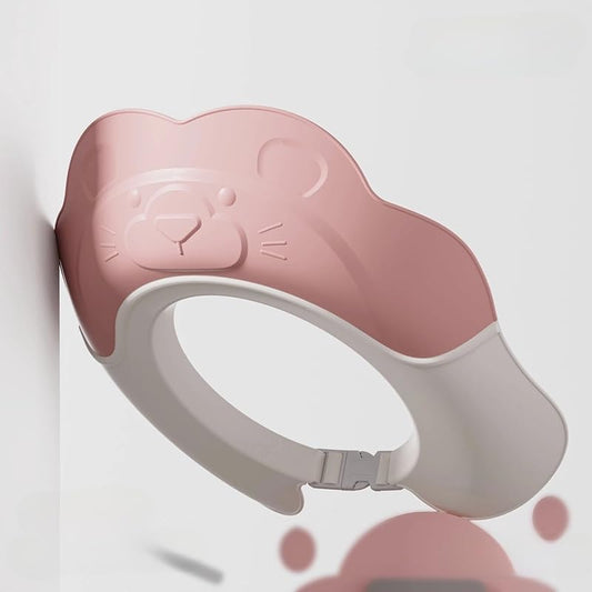 Generic baby shower cap front view showing the pink animal bear design shampoo shield.