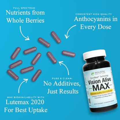 Holistic Health Labs eye supplement bottle detailing natural plant based ingredients