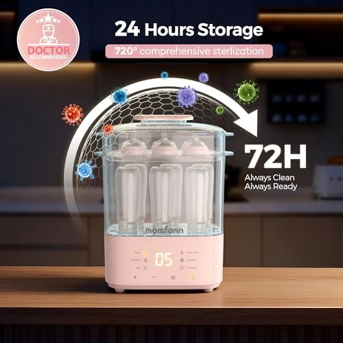 Momfann sterilizer and dryer lid open showing capacity for baby bottles