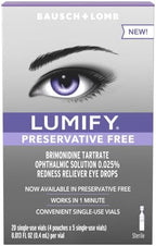 Bausch and Lomb LUMIFY single use vials for sensitive eye redness relief.