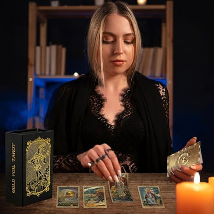 Instructional guidebook opened to tarot meanings page