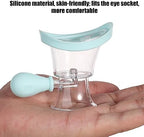 Hand squeezing the manual air pressure bulb of the blue eye wash cup