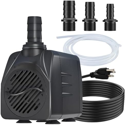 SongLong 400 GPH water pump showing three interchangeable nozzle sizes and tubing.