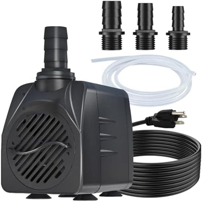 SongLong 400 GPH water pump showing three interchangeable nozzle sizes and tubing.