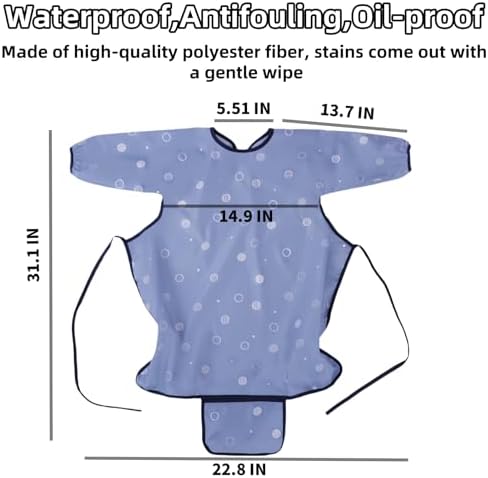 Side angle of MOTEERLLU waterproof long sleeve baby smock demonstrating adjustable neck straps on a child