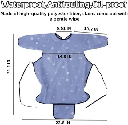 Side angle of MOTEERLLU waterproof long sleeve baby smock demonstrating adjustable neck straps on a child