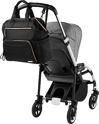 Skip Hop diaper bag attached to stroller using integrated straps