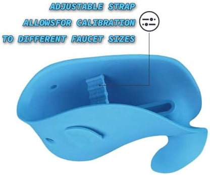 Blue whale faucet protector installed on a standard bathroom tap.