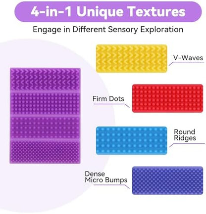 Close up view of the four different tactile textures on the PuraEase silicone fidget strips for ADHD relief.