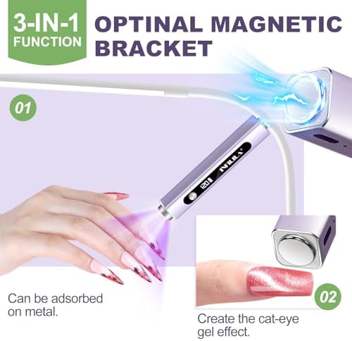 Ergonomic cordless nail lamp held in hand to showcase its compact travel size and premium metallic finish.