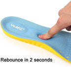 VoMii orthotic inserts showing U-shaped heel cup and blue velvet texture.