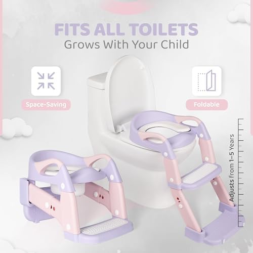 Generic brand adjustable toddler potty seat with step stool being adjusted for height optimization.