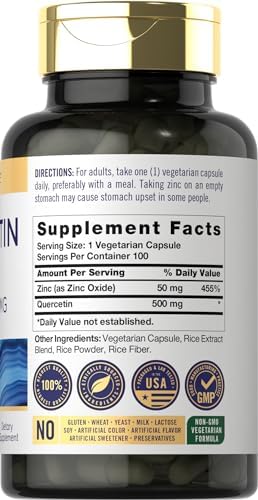 Carlyle Quercetin plus Zinc dietary supplement nutrition facts and ingredient list label