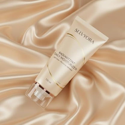 Authentic Selvyora RadiantTint skin tint product packaging highlighting plumping hydration benefits.