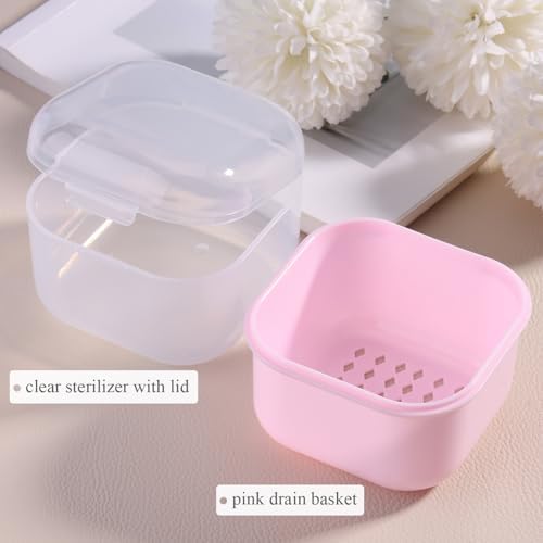 Pink nail tool sterilizing tray showing removable basket mechanism