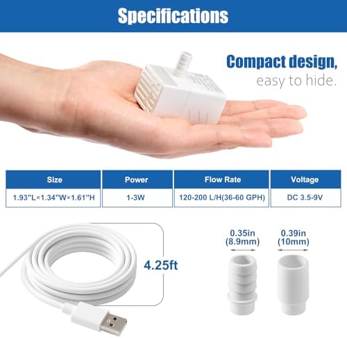 Novique three watt mini pump displaying the universal serial bus power cable connection.