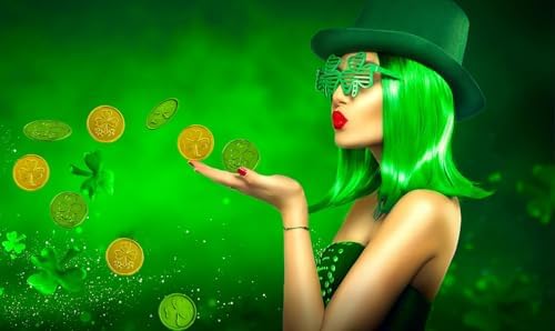 Vibrant emerald green and metallic gold plastic shamrock coins spread out on a table as party decorations.