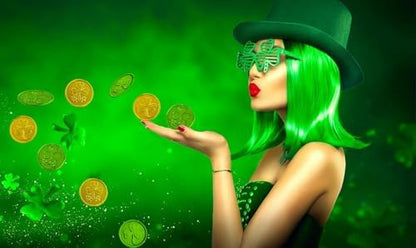 Vibrant emerald green and metallic gold plastic shamrock coins spread out on a table as party decorations.