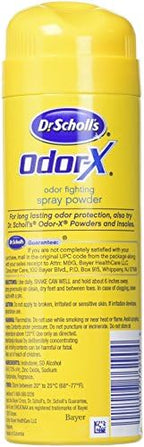 Close up of Dr. Scholl's Odor Fighting Spray Powder 4.7 Ounce canister showing usage instructions.