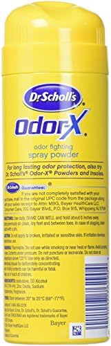 Close up of Dr. Scholl's Odor Fighting Spray Powder 4.7 Ounce canister showing usage instructions.