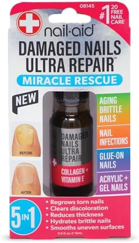 Nail-Aid multi-repair treatment bottle displaying collagen and vitamin E ingredients.