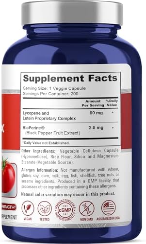NusaPure Lycopene and Lutein Supplement facts nutritional label closeup.