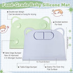 Close-up shot of the blue Domensi baby mat highlighting the integrated four corner suction cups sticking firmly to a white countertop.
