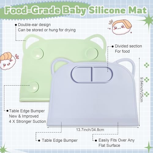 Close-up shot of the blue Domensi baby mat highlighting the integrated four corner suction cups sticking firmly to a white countertop.