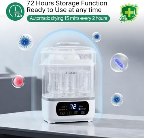 Freebaby four in one bottle sanitizer graphic demonstrating the seventy-two hour clean storage and hot air drying functions.