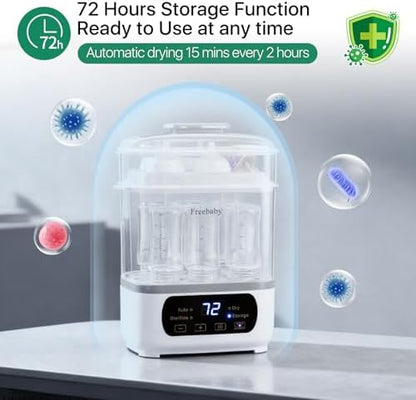 Freebaby four in one bottle sanitizer graphic demonstrating the seventy-two hour clean storage and hot air drying functions.