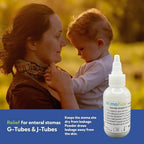 EnClean StomaEase Powder medical grade formula graphics showing leakage relief benefits for feeding tubes.