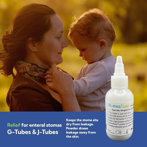 EnClean StomaEase Powder medical grade formula graphics showing leakage relief benefits for feeding tubes.