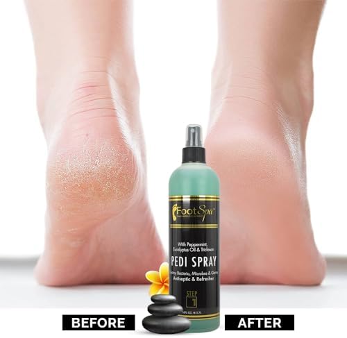 Close up of FootSpa Pedi Spray label showing mint and eucalyptus ingredients