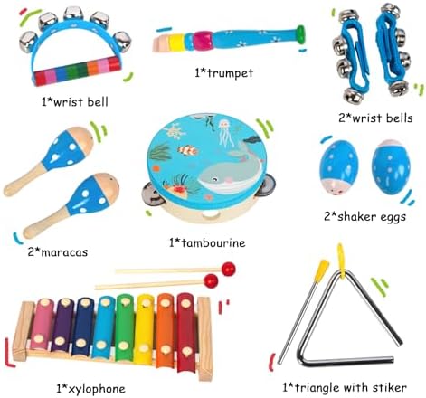 Natural wood percussion instrument collection with non toxic finishes for toddler safety.