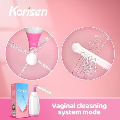 Travel size vaginal cleansing system with anti-backflow design.