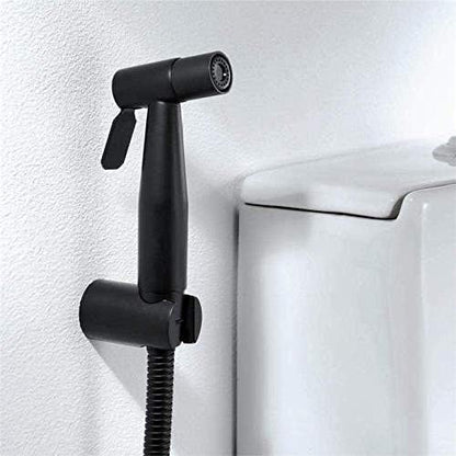 Close up of ergonomic black spray gun for toilet