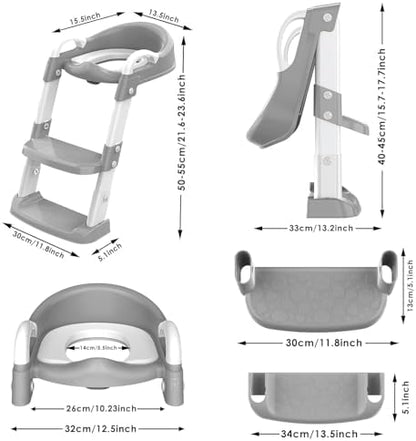 Adjustable height legs and wide non-slip steps on the gray blue toddler toilet chair.
