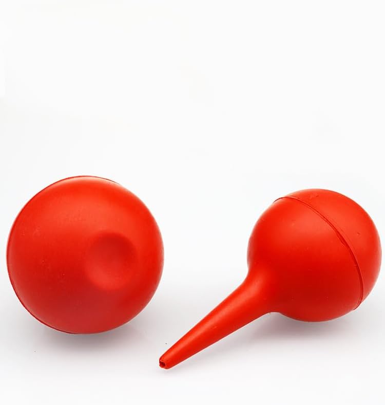 Soft rubber squeeze bulb syringe for veterinary pet nursing and airway clearing.