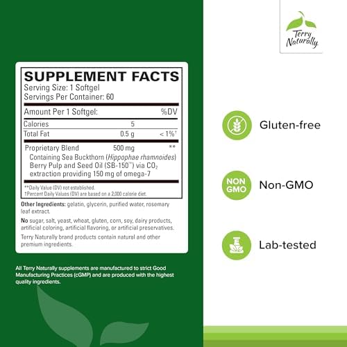 Terry Naturally Omega-7 supplement bottle with sea buckthorn berries